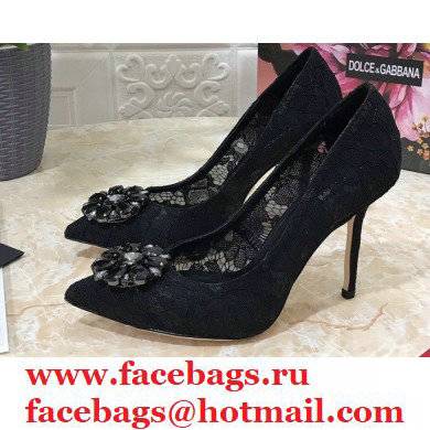Dolce & Gabbana Heel 10.5cm Taormina Lace Pumps Black with Crystals 2021